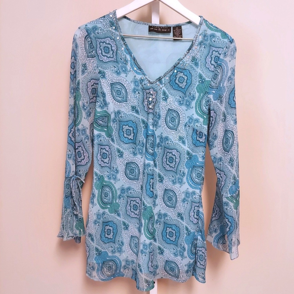 Boho Fairy Blue Paisley Beaded Sequin Bell Sleeve Tunic Top M Flowy Metallic